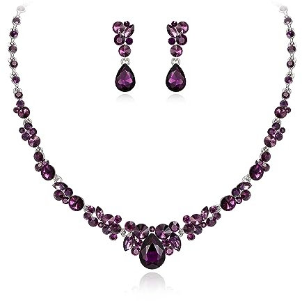 EVER FAITH Damen Schmuckset österreichisch Kristall Braut Floral Tropfen Halskette Ohrringe Set Dunkel Lila Silber-Ton