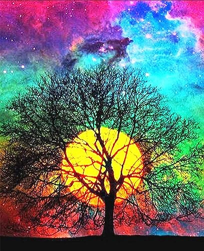 YEESAM Kunst, Kreuzstichsets für Erwachsene, 11CT, 36 x 46 cm, bedruckter Himmel mit Lebensbaum und Mond, bunt, vorbedruckt, Stickerei-Kit für Erwachsene, Wandkunst, Wohnkultur