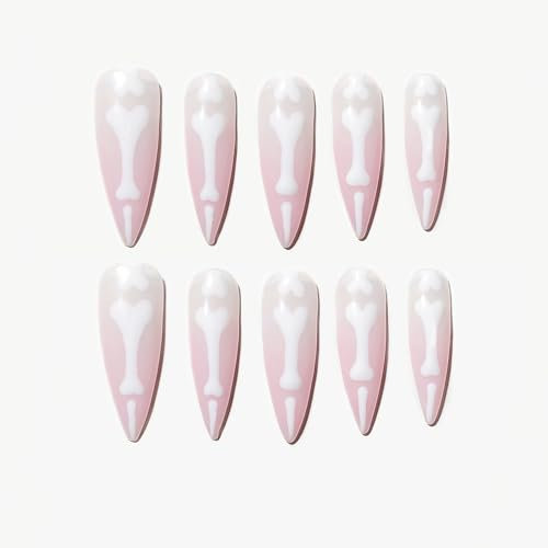 Sun&Beam Nails Handmade Press-on Long Almond Stiletto Pink White Halloween Glow In Dark Skeleton Finger Design False Nail Tips 10 Pcs (#127 M)