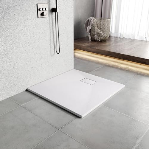 Heilmetz Receveur de Douche 90x90x2.6cm Bac de Douche en SMC Bac à Douche avec Drain Inclus, pour Cabine Douche, Effet Pierre, Blanc