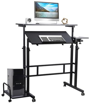 HshDUti Standing Desk Adjustable Height, Mobile Standing Desk with Wheels, Small Computer Desk Rolling Desk with Detachable Sideboard for Host, Portable Laptop Desk, Computer Workstations Black