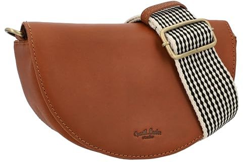 Gusti Leder Umhangetasche Damen Leni - Handtasche Echtleder in Cognac Braun - Crossbody Bag Schultertasche im Vintage Stil mit Gewebestrap