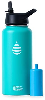 Clearly Filtered 32oz Water Bottle/Targets 220+ Contaminants/Double-Wall Insulated Stainless Steel Filtered Water Bottle BPA/BPS-Free Phthalate-Free Filters Fluoride Lead Chlorine (Teal Blue)