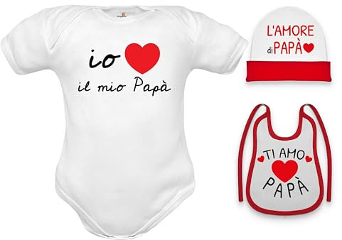 Babybody aus Baumwolle mit Spruch Ich liebe mein Papa kurz oder aus warmer Baumwolle Langarm Set mit Lätzchen Mütze und Baby-Strampler, Set Papa Body halbe Ärmel Hut Lätzchen, 9-12 Monate