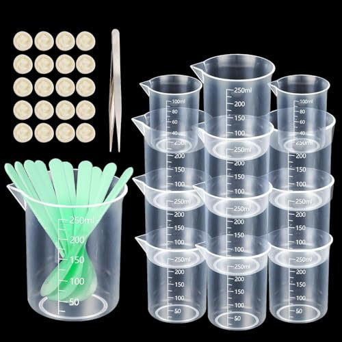 Messbecher Set, 8 Stück 250 ml und 2 Stück 100 ml Mischbecher mit Rührstäbe, Spitze Pinzetten und Fingerlinge, Epoxidharz Plastik Messbecher mit Maßstab Mark für Basteln,Gießformen, Schmuck Machen