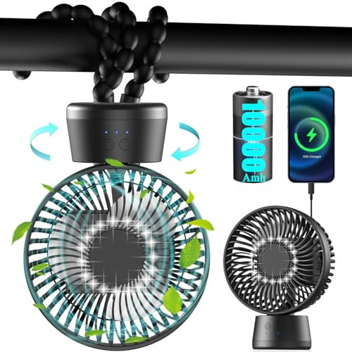90° Oscilante Ventilador para Cochecito Bebe, 10000 mAh Ventilador USB Portatil - 40 Horas, Silencioso Mini Ventilador de Mesa 3 Niveles, luz LED, Camper Recargable Ventilador Pinza de Cuna, Ø13.5cm