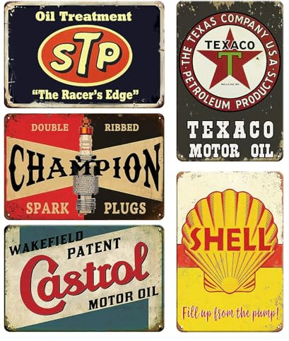 Lot de 5 Plaques Décoratives Rétro pour Garage - 20 x 30 cm, en Métal, Décoration Vintage, Panneau en Tôle, Poster de Voiture, Huile Moteur, Magasin, Décoration Murale
