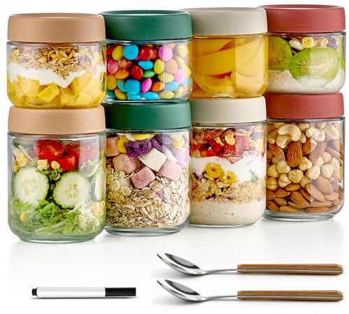 Qipecedm 8 Pack Overnight Oats Containers with Lids, Large & Small Glass Mason Jars 16oz & 10 oz, Breakfast Oatmeal Container to Go, Salad Meal Prep Jars for Food Storage, Mush Chia Seed Pudding Jars