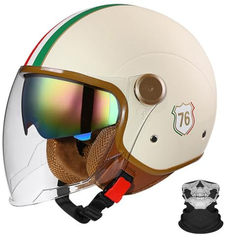 GNIUBBDB Offener Motorradhelm, 3/4 Retro-Motorradhelm, Motorrad-Halbhelm mit Visier, Jet Helm für Männer und Frauen, Motorrad-Crash-Helm, ECE-geprüft G-3,L (59-60cm)