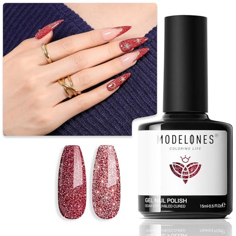 Modelones Glitter Gel Polish, 15 ML Sparkle Bright Red Shiny Holographic Soak Off LED Art Christmas Winter Manicure Salon DIY Gift for Women