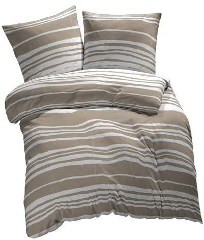 etérea Microfaser Bettwäsche 200x220 3 teilig - Ganzjahres Bettbezug - Carola Gestreift Bettwäsche-Set mit Kissen 200x200cm + 2Stk 80x80cm - Sand