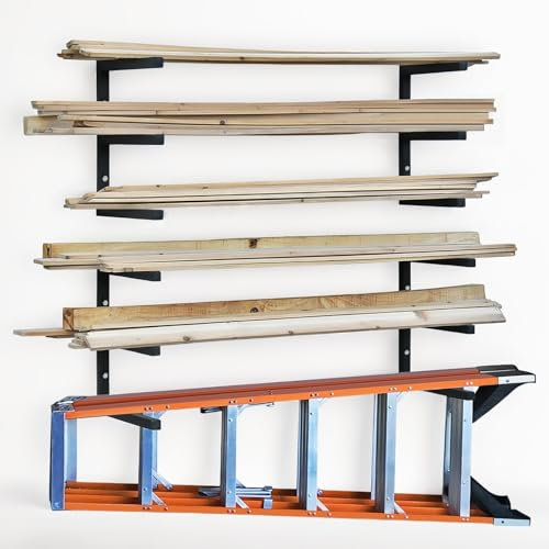 Holzregal mit 3 Ebenen, Garagenholz-Organizer, Holzaufbewahrungsregal, Werkstatt-Organizer und Aufbewahrung, Wandregal, Wandmontage, Holzmetallregale für den Innenbereich, Schwarz, 4 Stück