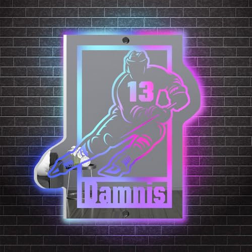 MYZQIFF Personalisierte Hockey-Spieler-Spiegel-Namensschild mit LED-Licht, kundenspezifische Hockey-Spiegel-Wandkunst, kundenspezifische Hockey-Neon-Nachtlicht-Lampe, Weihnachtshockey-Geschenke