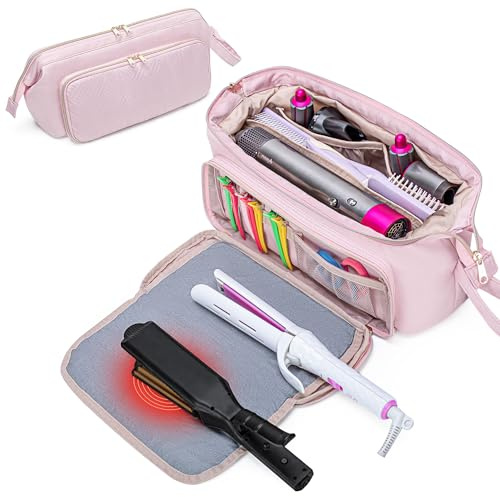 Fasrom Haartools Reisebeutel mit Hitzeschutzmatte für Glätteisen, Rosa | Lockenstab und Haarglätter, 2-in-1 Aufbewahrungstasche für Haartrockner, Kann als Friseurtasche oder Haargummi Aufbewahrung