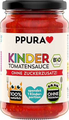 PPURA Bio Tomatensauce Kinder Ohne Zuckerzusatz | Stückchenfreie Pasta-Sauce mit Tomaten | 100% Natürlich Ohne Zusatzstoffe| Kids Nudel-Soße Made in Italy | Spendet eine Kinderportion | 340g Glas
