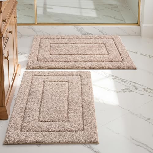 DEXI Badezimmerteppich Set 40 x 60 cm, 2er Pack rutschfeste weicher Badezimmerteppich Wasserabsorbierend Badematte maschinenwaschbar Badvorleger für Dusche,Badewanne und Toilette, Beige