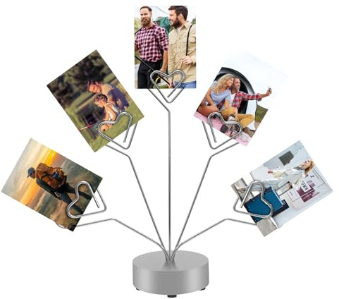 FaitAtten Desktop Heart-Shaped Photo Tree Style Holders Round Base,5-Branch Family Picture Frame Clips Holder Desk Card Display Stand for Christmas,Wedding, Birthday Party,Gift Silver