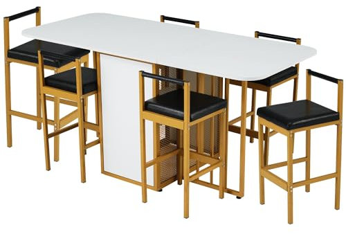 Essgruppe 7-teilig – Esstisch mit 6 Stühlen in Weiß & Gold – Modernes Esszimmer Set mit Stahlgestell – Rechteckiger Esstisch für 6 Personen – Küchentisch-Set für Esszimmer oder Küche (White+Gold-B)