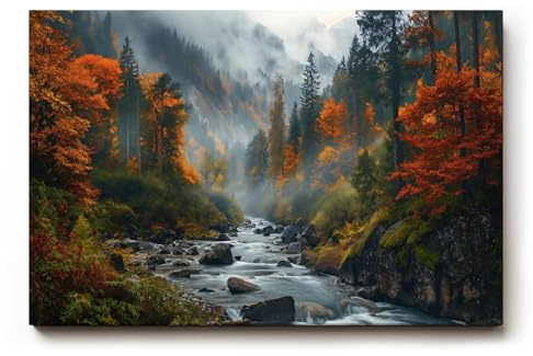 Sinus Art Wandbild 60x40cm Stimmungsvolles Naturmotiv mit fließendem Bach im nebelverhangenen Herbstwald – lebendig und tiefgründig