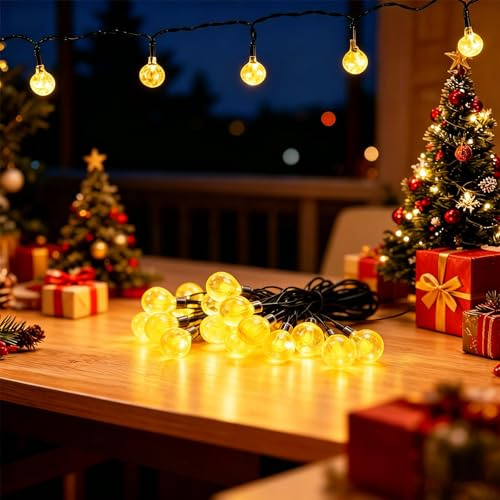 Solar Lichterkette Outdoor 60 LED 11 m Warmweiß | IP65 Winterfest | Dämmerungs-Sensor – 12 Std Dauerlicht | für Garten, Balkon Deko, Terrassen, Weihnachten, Hochzeiten, Partys, Bäume, Warmweiß