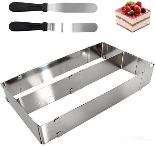FORYNXHWIN Telaio da forno rettangolare regolabile – Stampo da forno in acciaio inox allungabile con divisore e 2 spatole, stampo quadrato lavabile in lavastoviglie per cottura e preparazione di torte