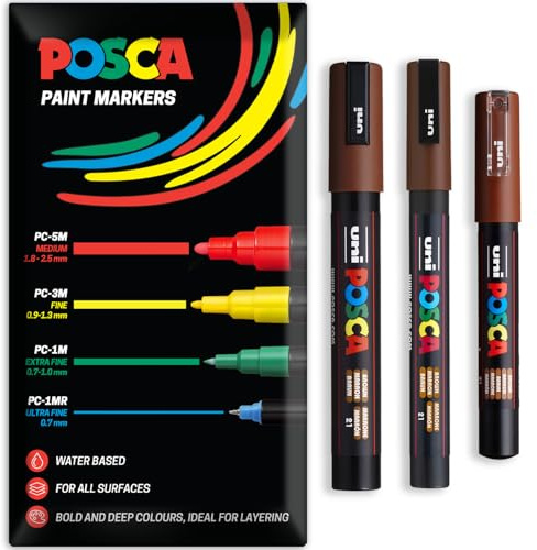 Posca Water Based Acrylic Paint Marker Pens | Multi Surface Use Permanent Paint Pen | Pack of 3 Pens in Envelope Gift Packaging | Glass Fabric Canvas Wood etc | PC-1M, PC-3M, PC-5M, Brown