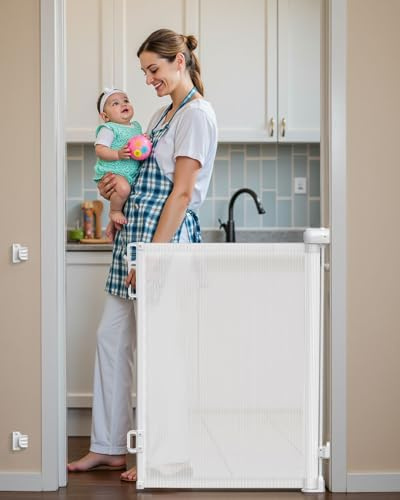 Retractable Stair Gate for Baby, Double Lock Stair Gates for Toddlers, Extends to 140 CM Wide, One-handed Operation Baby Gate, Easy Install Baby Gate for Stairs, Indoor & Doorways, White