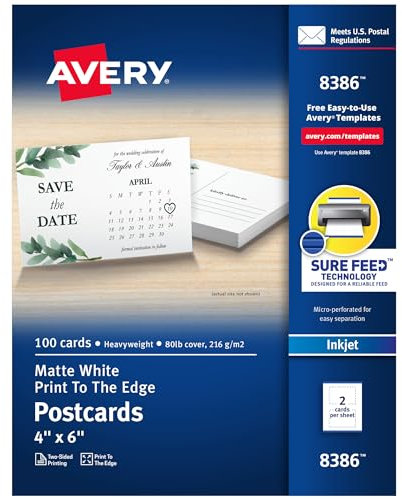 Avery Bedruckbare Postkarten mit Sure Feed Technologie, 10,2 x 15,2 cm, Weiß matt, 100 Blanko-Postkarten für Tintenstrahldrucker (8386)