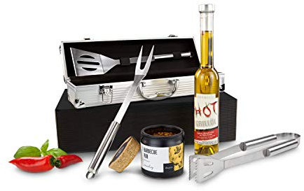 Römer Präsente Geschenkset Das Grillset: 7-teilig; 3-teiliges ROMINOX Edelstahl Grillbesteck in hochwertigem Koffer + Chili-Grillöl (0,2 L) + 75 g Wajos BBQ Rub Grillgewürz + Geschenkbox