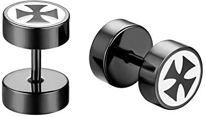 JewelryWe Schmuck Fake Plug Ohrstecker Edelstahl Eisernes Kreuz EK Fakeplug Tunnel Ohrringe Ohr-Piercing für Herren Damen Schwarz