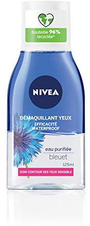 NIVEA Démaquillant Yeux Double Action au Bleuet (1 x 125 ml), nettoyant visage enrichi en eau purifiée, soin visage femme pour tous types de peaux, format voyage