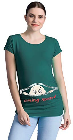 Coming Soon - Lustige witzige süße Umstandsmode mit Motiv Umstandsshirt für die Schwangerschaft T-Shirt Schwangerschaftsshirt, Kurzarm (Dunkelgrün, Small)