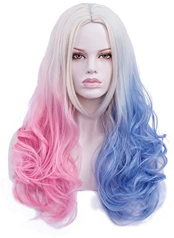 FVCENT 26 Inches lange lose lockige Mischfarbe Frauen Cosplay Karneval Perücke,Harley Quinn cos… (Färberei)