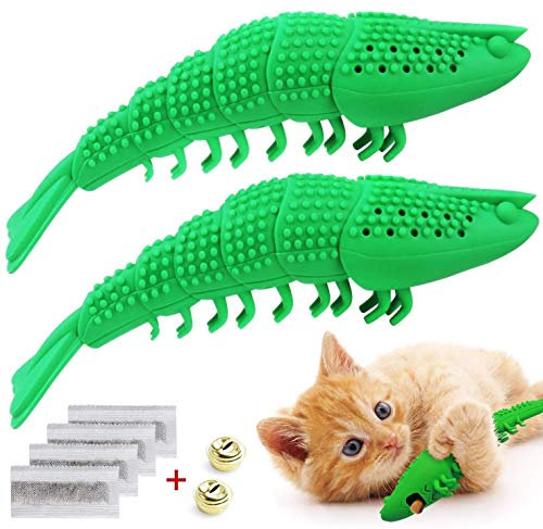 ProLeo Katzenminze Fisch Katzenspielzeug, Zahnbürste Katzenminze Spielzeug Katzen Zahnreinigung Kauspielzeug, Garnelenform, Silikon, 2 Stücke