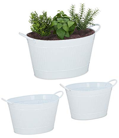 Relaxdays Metallwanne 3er Set, ovales Pflanzgefäß, mit Griff, wasserdicht, Garten, Vintage Design, 12, 18 & 22 l, weiß