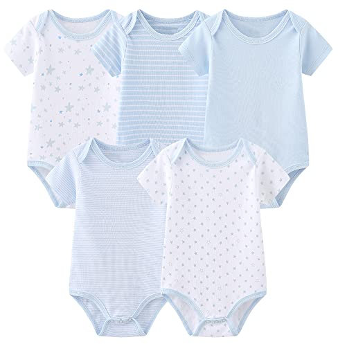 Chamie Bodys Kurzarm für Neugeborene Baby Jungen und Mädchen 0-3m/3-6m/6-9m/9-12m Baumwolle 5er Pack (Blau, 50)