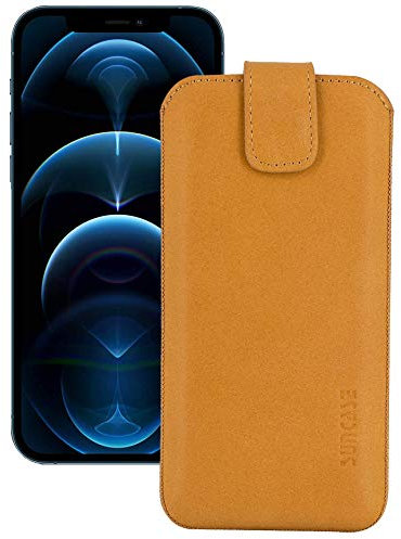 Suncase ECHT Leder Tasche kompatibel mit iPhone 12 Pro (6.1) mit ZUSÄTZLICHER Transparent Hülle | Schale | Silikon Bumper Handytasche (mit Rückzugsfunktion und Magnetverschluss) in antik Camel