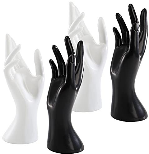 Okllen Lot de 4 présentoirs de mannequin, pour bijoux, bracelets, colliers pour chaîne, bague, gant, blanc et noir, main droite