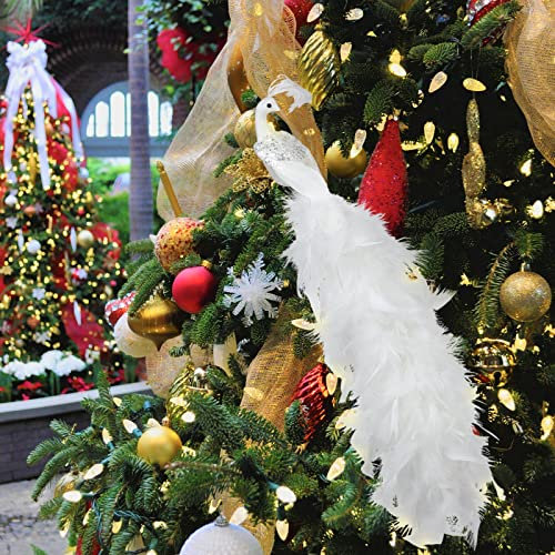 Katsy 2 Stück weiße Pfauenornamente, 18 langer Schwanz, Feder, Phönix-Clip, Ornament, gefiederter Schaumstoff, Pfauen zum Anklippen, Weihnachtsschmuck, Weihnachtsfeiertags-Party-Dekorationen