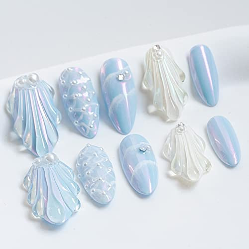 Sun&Beam Nails Handmade Press-on Medium Long Amlond Blue Sweet Pearl Rhinestone Design Fashion False Nail Tips 10 Pcs Set (#028 M)