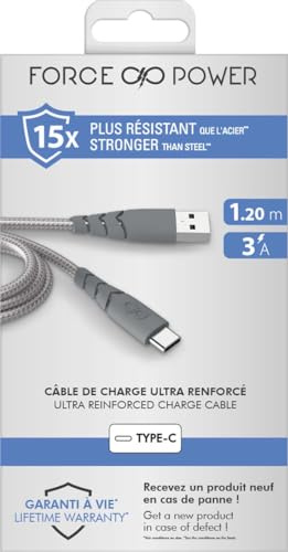 Force Power Câble Ultra-renforcé USB A/USB C 1,2m 3A Garanti à vie Gris - 100% Plastique recyclé