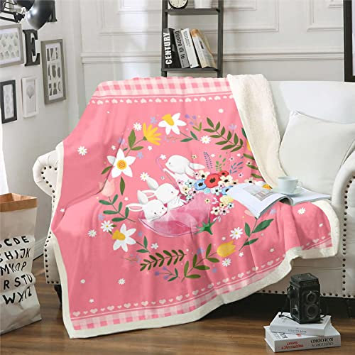 Homewish Kawaii Hasen Kaninchen Sherpa Decke für Mädchen Kinder Nette Ebene Decke, Schöne Gitter Wurf Decke für Sofa 150x200cm Multicolor Blumen Vlies Decke, Rosa Liebe Herz Druck Plüsch Decke