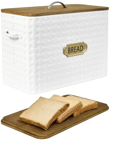 EMAX HOME Extra große, platzsparende Brotbox im Bauernhaus-Stil mit Holzdeckel – vertikaler Brotkasten-Halter für Küchenarbeitsplatte, Weiß