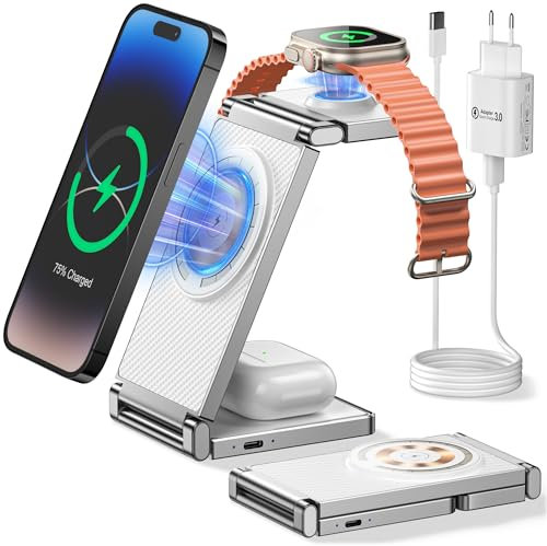 REOKILY 3 in 1 Wireless Charging Station Mag-Safe Charger Stand iPhone and Watch Charging Stand for iPhone 15/14/13/12 Max/Pro/Mini and for Airpods 1/2/3/Pro