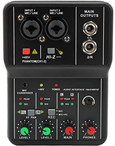 2 Channel Audio Mixer, Small Sound Desk USB 48V DJ Sound Controller Interface USB Sound Card Phantom Power Compact Mixing Console Music Recording Home Karaoke Network Karaoke