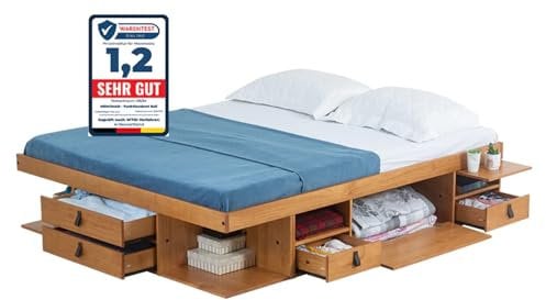 Memomad Bali Massivholzbett 180x200 - Stauraumbett mit Bettkasten - Praktisches Holzbett mit Lattenrost - Bett für kleine Schlafzimmer - Robustes Funktionsbett - Bettgestell Holz Farbe Eiche Natur