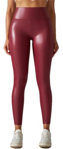 Pohullan Pu Leder Fitness Yoga Hosen Frauen Elastische Sexy Hohe Taille Schlanke Leggings Laufhose, rot, M