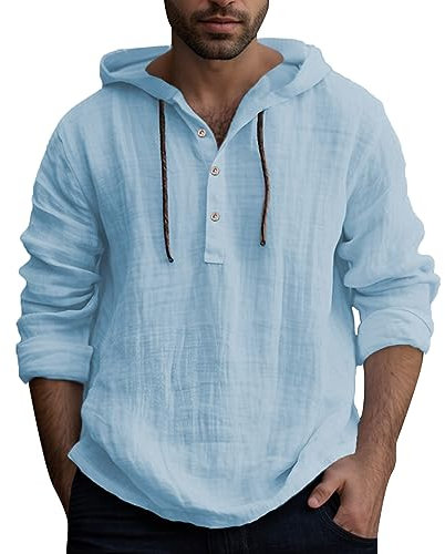 Zofedap Leinenhemd Herren Langarm mit Kapuze Sommer Hoodie Dünn Hawaii Hemd Männer Einfarbig Lässig Sommerhemd Freizeithemden Langarmshirt Linen Kapuzenhemd