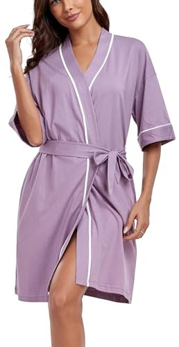 COLORFULLEAF Bademantel Damen Leicht 100% Baumwolle Kurz Sommer Morgenmantel Kimono Sauna 3/4 Ärmeln Roben Nachtwäsche mit 2 Taschen(Taro Lila,XL)