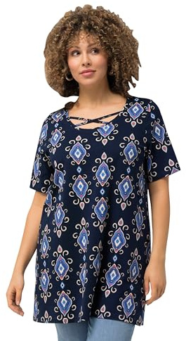 Ulla Popken Damen große Größen Übergrößen Plus Size Longshirt, grafischer Druck, Zierbänder, Rundhals, Halbarm Nachtblau 42+ 829249740-42+